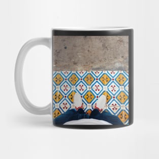 Man Standing on Colorful Tiles Mug